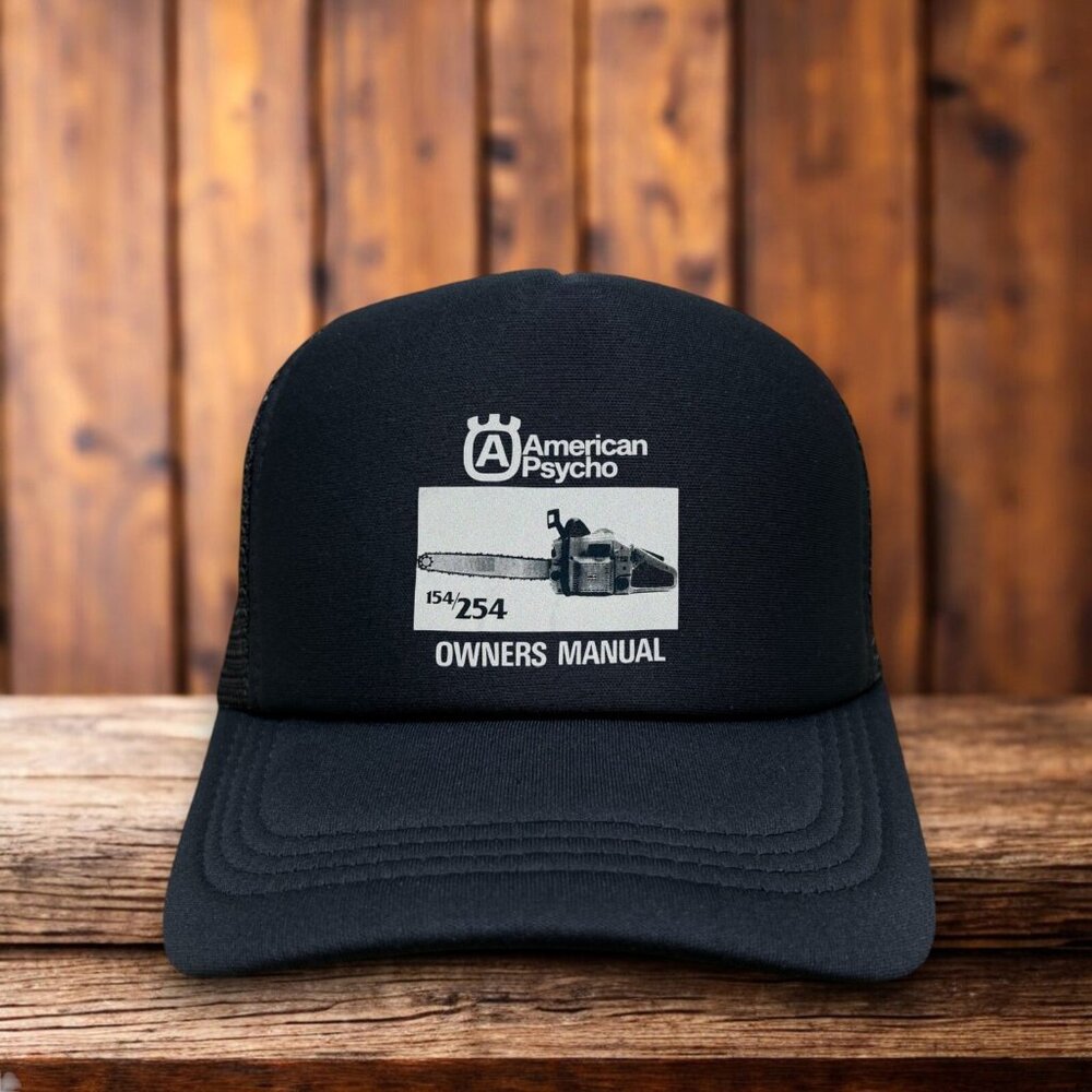 American Psycho Owners Manual Mens Trucker Hat Black Patrick Bateman Horror Cap